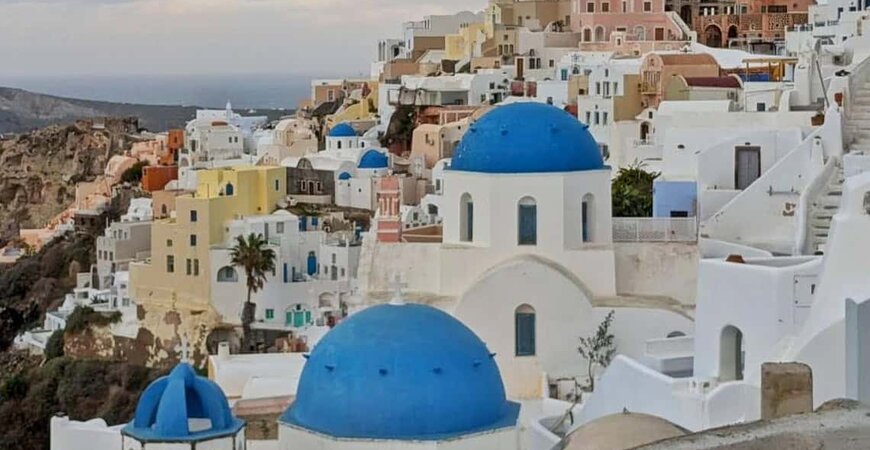 Oia village on Santorini with its blue-domed churches